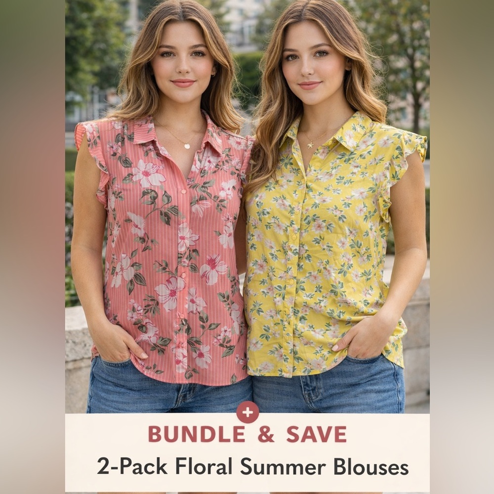 2-pack Elle Pink and Yellow Floral Blouses Lightweight Summer Tops